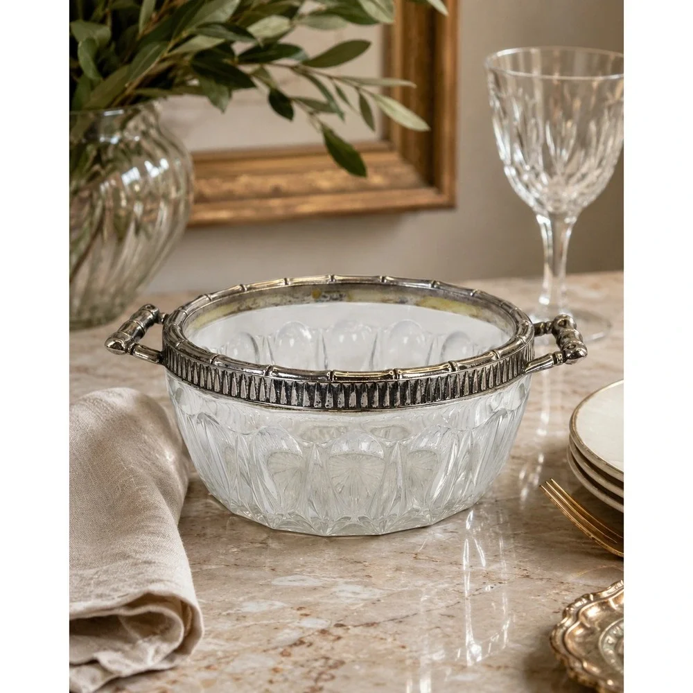 Vintage Reims France Cut Crystal Silverplate Bamboo Handle Serving Bowl